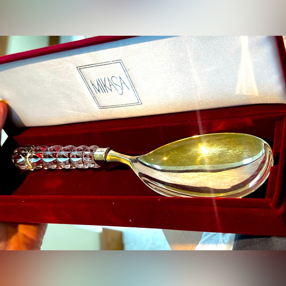 Mikasa Crystal Handle Silver Spoon Server New in Red Velvet Box